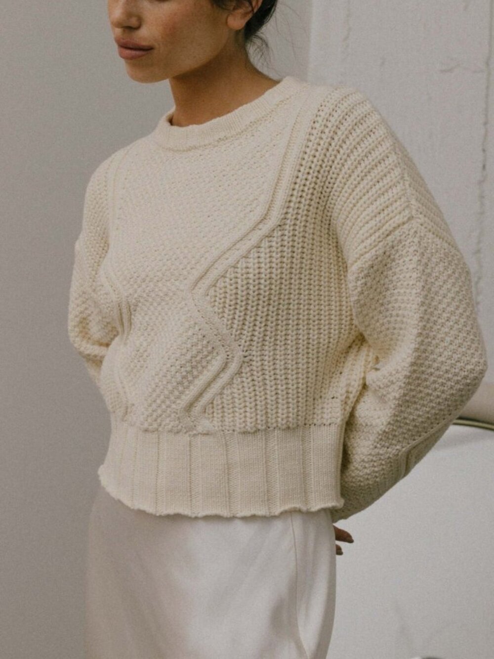 All:Row Sadie Cropped Cable Knit Sweater — Cream, Size S